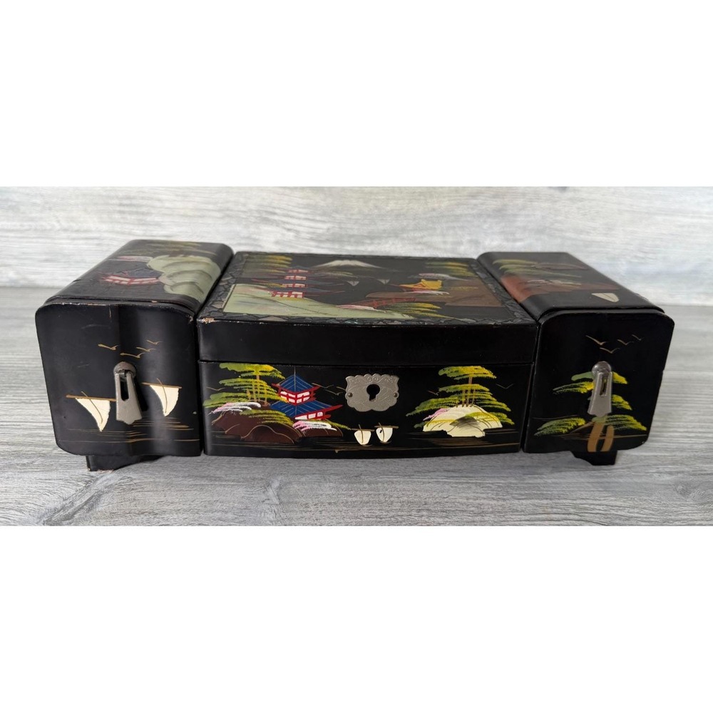 Japanese Black Lacquered Jewelry Box Hand Painted W/ Key Vintage Japan Asian MCM